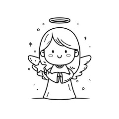 A cute simple Christmas angel illustration for a toddler coloring book a smiling angel with a round face short wings and a glowing halo above the head The angel is wearing a flowing rob