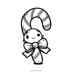 A cute simple candy cane illustration for a toddler coloring book large shapes thick bold outlines and minimal details The candy cane should have wide stripes a smiling face and a festi