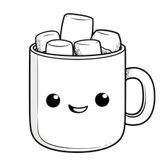 A cute simple hot cocoa mug illustration for a toddler coloring book large mug with smiling face and big round marshmallows on top Use thick bold outlines minimal details and no shading