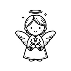 A cute simple Christmas angel illustration for a toddler coloring book a smiling angel with a round face short wings and a glowing halo above the head The angel is wearing a flowing rob
