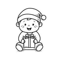 A cute simple baby illustration for a toddler coloring book a small baby sitting and holding her first Christmas present with a big happy smile The baby wears a cozy onesie and a little