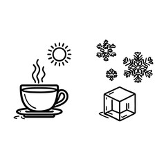 Simple line art illustration for toddler coloring book sidebyside objects showing hot and cold on the left a steaming cup of tea with sun above it on the right an ice cube with snowflak
