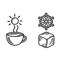 Simple line art illustration for toddler coloring book sidebyside objects showing hot and cold on the left a steaming cup of tea with sun above it on the right an ice cube with snowflak