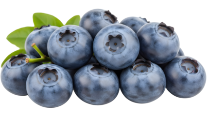 A cluster of fresh ripe blueberries with green leaves on a white background, overhead view