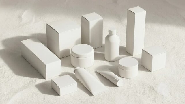 Blank white cosmetic product packaging collection showing tubes, jars, bottles, and boxes standing on a textured surface with soft, moving shadows, ideal for branding and mockup presentations