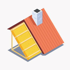 Isometric roof insulation icon. Vector illustration of a house roof section with red tiles, chimney, and yellow thermal insulation layers between rafters. Construction and energy efficiency concept.