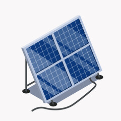 Isometric solar panel icon. Vector illustration of a blue photovoltaic cell with metal stand and cable. Renewable energy, green power generation, and sustainable technology concept.