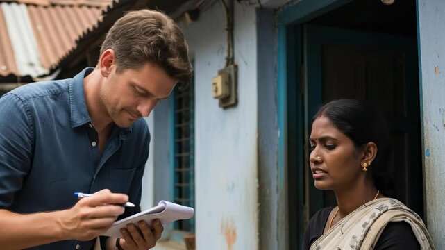 Caucasian man journalist taking notes from Indian woman during an interview. Reporting real life story from village. Social worker interviewing people.