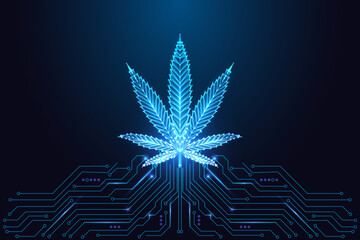 Futuristic glowing cannabis leaf on circuit board, digital hemp and industry vector illustration