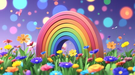 A colorful rainbow arch over a field of vibrant wildflowers against a bokeh background