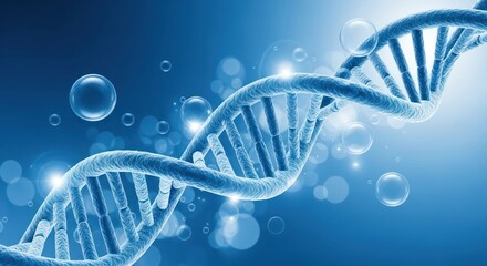 Dynamic representation displays a stylized DNA double helix model, exhibiting a glowing and luminous design with a blue color palette, surrounded by soft bubbles to represent a conceptual visual.