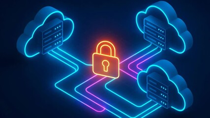 A vibrant digital illustration depicting cloud computing security with interconnected servers and a glowing padlock. - Powered by Adobe