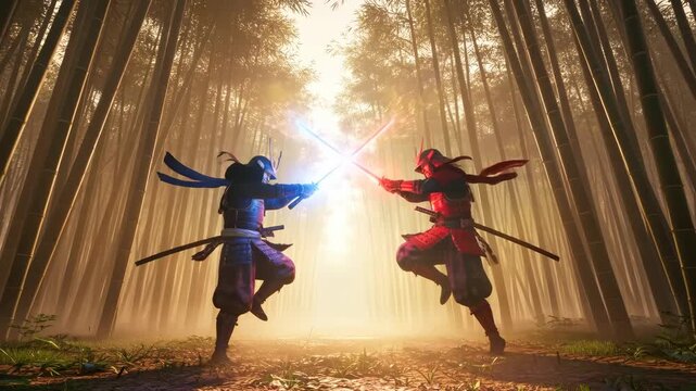 Two samurai warriors ready for battle in a bamboo forest, futuristic sword fight concept for historical action game.