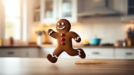 A gingerbread man running in a kitchen kicking up crumbs