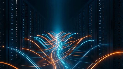 A futuristic data center scene with glowing lines symbolizing data flow and connectivity in a vibrant digital environment. - Powered by Adobe