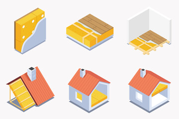 Isometric house insulation icons set. Vector illustrations of wall, floor, and roof thermal protection layers. Construction details for energy efficiency concepts.