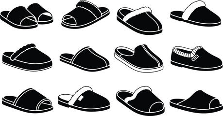 Variety of slippers in black silhouette on transparent background