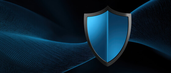 Blue shield security icon on digital wave grid background conveying cyber protection and data defense with futuristic blue tones and glossy metal frame