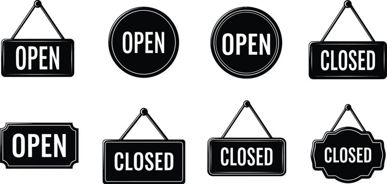 Collection of open and closed business signs on transparent background silhouette