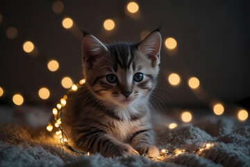 A kitten wrapped in Christmas string lights glowing softly