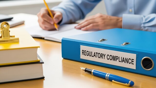  Regulatory compliance concept Professional reviewing documents and regulatory compliance binder at desk