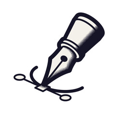 Isometric fountain pen tool icon. Vector illustration of a nib drawing a path with anchor points. Monochrome grain texture design for graphic design, digital art, and vector editing software concepts.