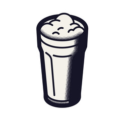 Isometric beer glass icon with foam. Retro monochrome vector illustration with grain texture representing pub drinks, craft beer, brewery, and cold beverages.