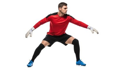 Naklejka premium Male goalkeeper in red jersey ready to save ball isolated on white background