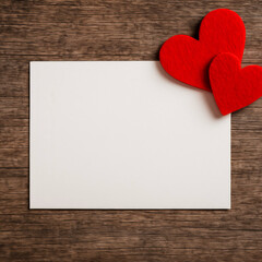 Blank greeting card with red hearts on wooden background romantic Valentines Day mockup