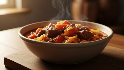 Steaming bowl of hearty beef and vegetable stew served over pasta on a wooden surface
