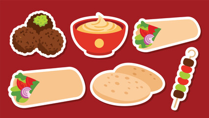 Kawaii Middle Eastern food sticker set featuring falafel, hummus, shawarma, pita, and kebab icons in flat vector style, perfect for culinary visuals, ideal for Middle Eastern branding