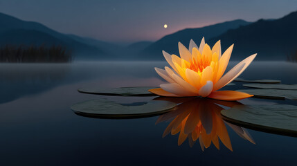 A radiant golden lotus floating on calm dark lake at dusk with moonlight reflection and misty mountains in background, serene and luminous