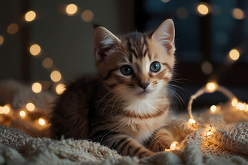 A kitten wrapped in Christmas string lights glowing softly