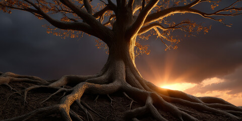 Naklejka premium Majestic tree with deep glowing roots and radiant golden branches at sunset, dramatic lighting evokes wonder and warmth