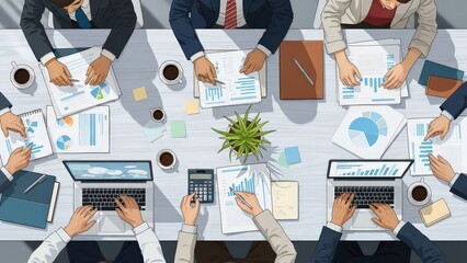 Business team meeting illustration overhead view discussing financial reports and data analysis at conference table