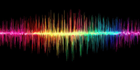 Colorful audio waveform across black background with vibrant rainbow peaks and mirrored reflection conveying dynamic sound energy and movement