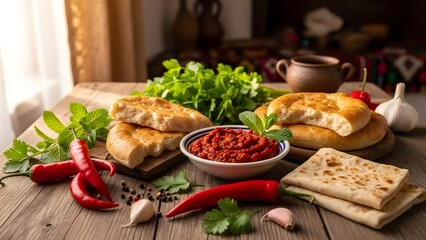 Rustic Feast: A vibrant culinary arrangement, featuring rustic flatbreads, fiery red peppers, and aromatic herbs, evokes a sense of authentic cuisine and convivial gathering.