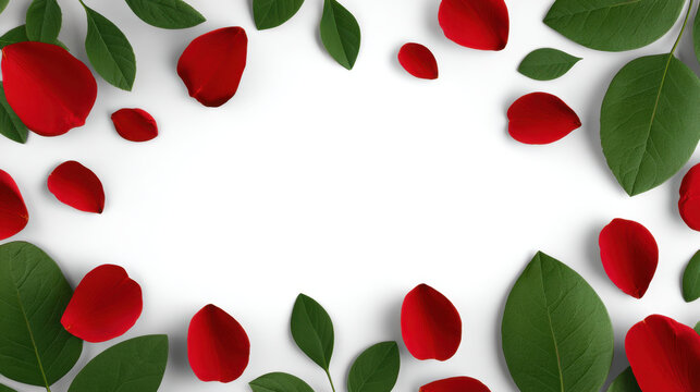 Flat lay arrangement of red rose petals and green leaves on white background creating romantic frame with soft shadows and empty center for text or design, elegant floral composition and mood
