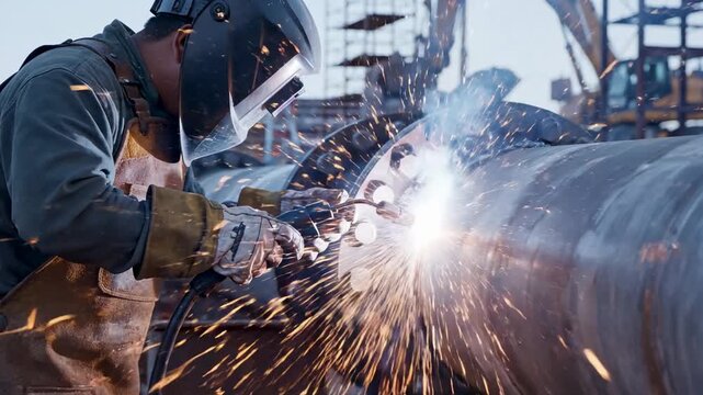 Man welder in protective mask welding a large metal pipe creating sparks for industrial construction or fabrication.