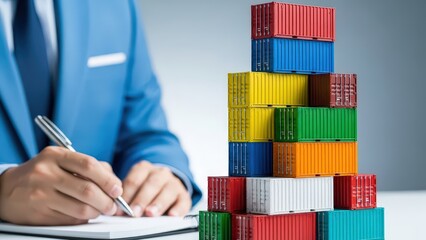  logistics plan  concept - Businessperson reviewing logistics plan with stacked colorful shipping containers