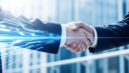 Business handshake with digital data flow and bright blue light energy stream