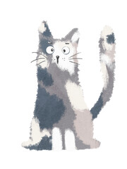 Cute cat illustration. Funny cartoon kitten in gray and blue muted colors with canvas texture
