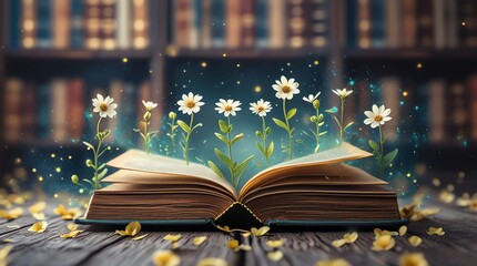 Open book with daisies blooming from pages on wooden table bookshelves background