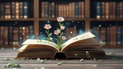 Open book with flowers growing from pages surrounded by sparkles and bookshelves