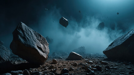 Cinematic rocky alien landscape with floating boulders and misty atmosphere under cold blue light, dramatic otherworldly scene evoking isolation and mystery