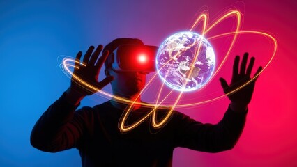 immersion technology- Person wearing vr headset interacting with glowing holographic earth and atomic orbits