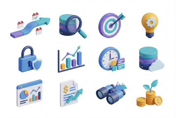 Business analytics 3d icon collection isolated on white background. data research, visualization, statistics, timeline, target and investment. strategy and finance set concept