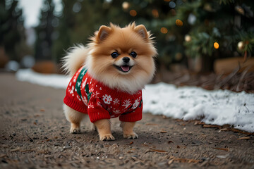 A pomeranian wearing a Christmas sweater
