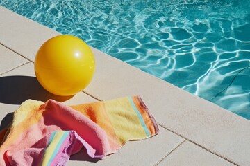 Bright yellow ball and colorful towel by poolside on sunny day