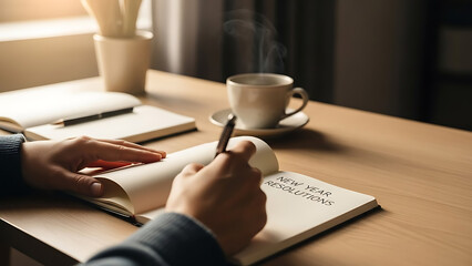 Writing New Year Resolutions in a notebook with a hot drink on a wooden desk, symbolizing planning, goal setting, and fresh starts.